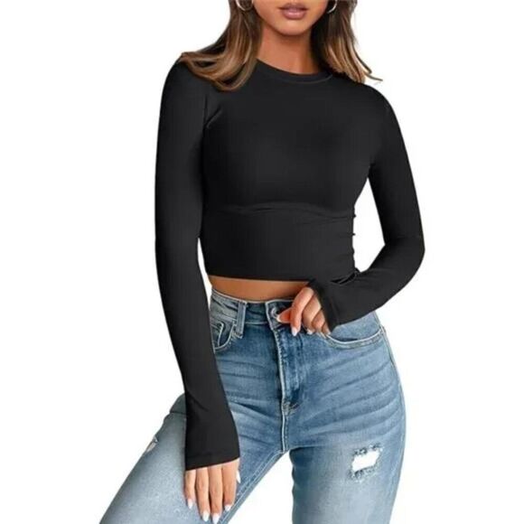 Womens Long Sleeve Crop Tops Basic Slim Fitted Shirts Tops - Picture 6 of 7